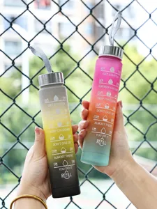 Botella de agua deportiva de plástico esmerilado degradado con marcadores de tiempo.