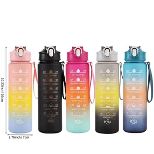 Gradient frosted sports water bottle with time markers and dimensions for outdoor fitness