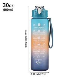 900ml 30oz frosted gradient plastic sports water bottle with time markers and dimensions.