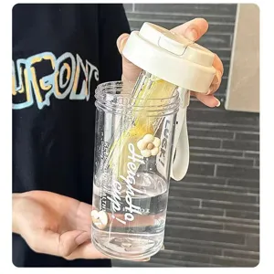 Portable clear plastic straw cup with built-in lemon infuser and handy carrying strap