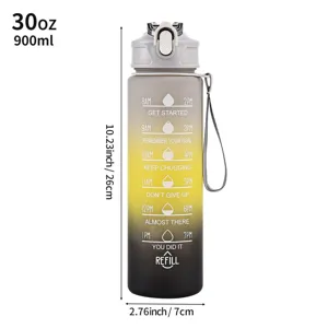 Detailed view of a 30oz/900ml gradient frosted sports water bottle with dimensions