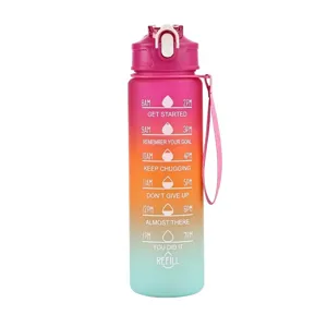 Botella de agua de plástico degradado con marcas de tiempo y citas motivacionales.