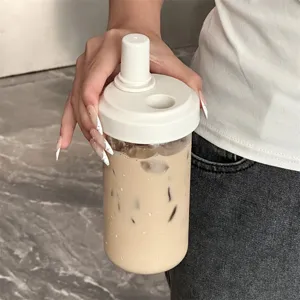 Minimalist portable clear plastic straw water cup for pearl milk tea with wide mouth lid