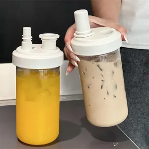 Large portable straw cup for bubble tea and juice with a minimalist white lid