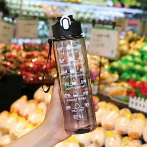 750ml transparent sport water bottle with time markings and straw for hydration
