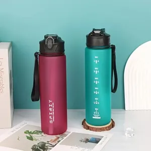 Portable Frosted Gradient Sports Water Bottle Outdoor Gym Drinking Cup With Time Marker And Carry Strap