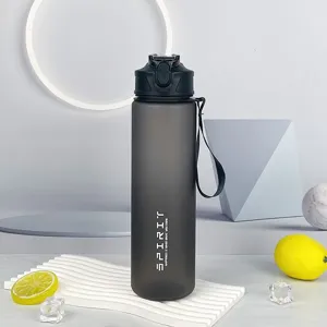 Dark grey frosted plastic sports water bottle with convenient carrying strap and lid