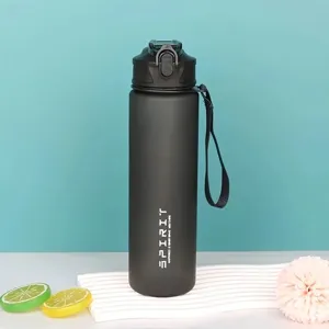 Black matte plastic sports water bottle 750ml portable outdoor fitness cup with strap