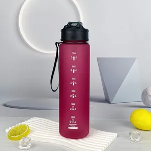 Portable 750ml plastic water bottle with time marker, large capacity sports drink cup.