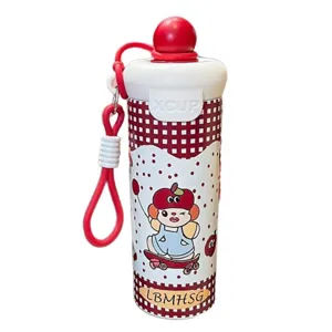 High quality stainless steel straw thermos cup with portable lanyard and cute cartoon design.