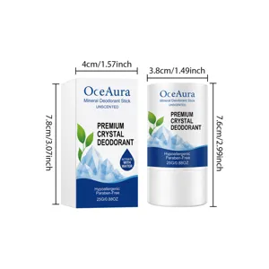 OceAura stick déodorant minéral et boîte avec mesures en cm et pouces détaillées