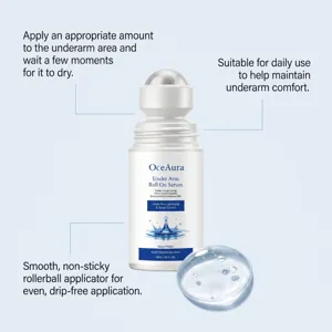 OceAura suero roll-on refrescante axilas detalle, aplicador suave para frescura diaria.