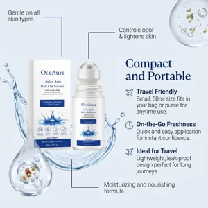 OceAura Sérum Desodorante Roll-On detalle, diseño compacto de 50ml para frescura duradera.