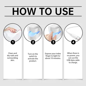 Detailed instruction view showing how to use the portable nail care light device step by step.