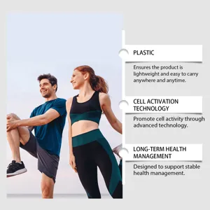 Outdoor stretching scene detail showing portable body health care device features and usage.