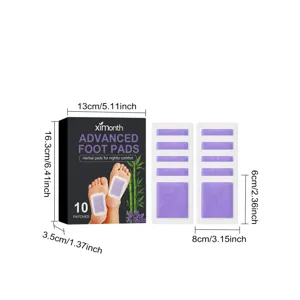 Detailed dimension view of Ximonth herbal foot pads showing box size and patch layout.