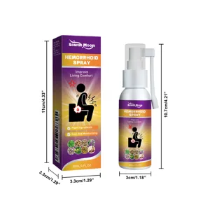 Detailed dimensions of South Moon 30ml hemorrhoid relief spray bottle and box.