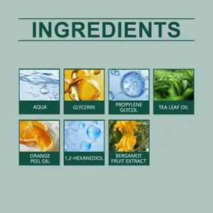 Détail des ingrédients d'huile essentielle de thé blanc, formule d'extraits naturels.