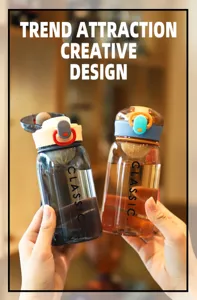 Korean style portable plastic water bottle with strap and straw, clear travel cup for students.