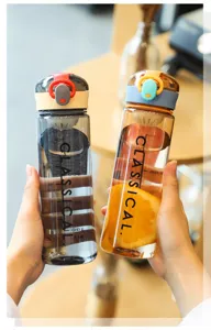 Portable plastic water bottle with bounce lid and clear scale markings for sports and daily use.