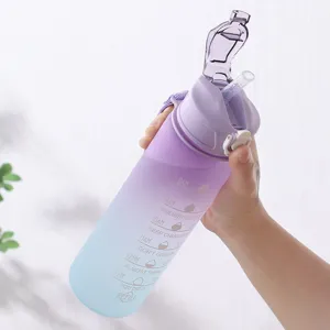 Borraccia sportiva sfumata viola e blu satinata con cannuccia e indicatori di tempo