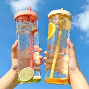 Bouteille d'Eau en Plastique Portable Avec Paille Pliable Et Infuseur à Thé Tasse de Jus de Citron de Fruits Clairs pour Sport Extérieur Voyage