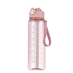 Rosa Farbverlauf Plastik-Wasserflasche mit Strohhalm und Zeitmarkierungen 35oz