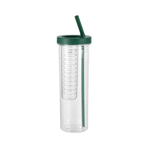Bouteille d'eau plastique portable avec filtre à thé, couvercle vert et paille pliable sport.