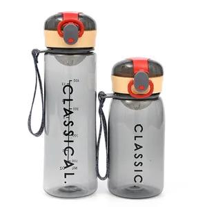 Portable plastic sports water bottle with strap, clear grey design for students and outdoor.