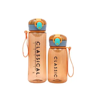 Transparent plastic sports water bottle with strap, portable dual-size cup set for outdoor.