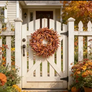 Detailed view of harvest autumn wreath with orange leaves and berries on a white gate