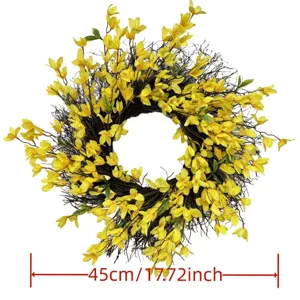 Detailed size specification of a 45cm yellow forsythia wreath for spring home door decoration
