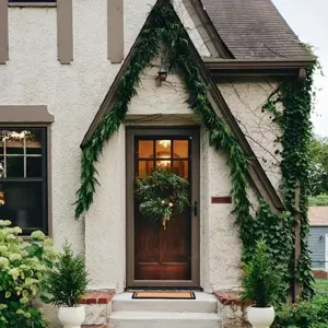 Realistic Norfolk pine garland and wreath decorating a classic house entrance way.