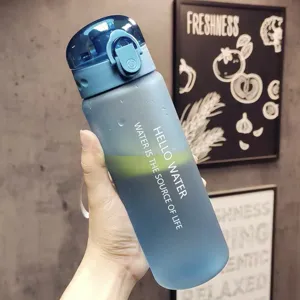 Detail shot of frosted blue sports water bottle with straw and portable handle design.