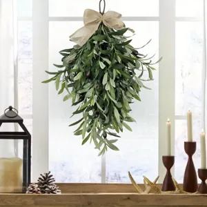 Handmade Artificial Olive Teardrop Wreath With Burlap Bow Greenery Leaf Swag For Front Door Wall Wedding Farmhouse Home Decor