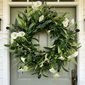 Artificial Olive Wreath With White Bellflowers And Black Fruits For Front Door Wall Hanging Farmhouse Home Decoration Greenery Wreath