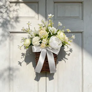 Artificial Peony Narcissus Flower Basket Wreath Front Door Hanging Decoration Spring Summer Floral Vine Basket Decor Bow