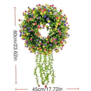 Detailed view of artificial eucalyptus wreath with dimensions 60cm by 45cm for door decor