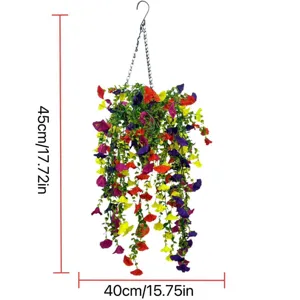 Detailed dimension diagram of a colorful artificial Petunia hanging flower basket