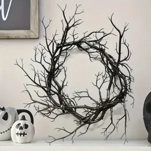 Gothic style black artificial twig wreath for spooky Halloween interior wall decor