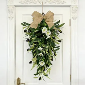 Artificial Olive Leaf Teardrop Wreath With Morning Glory And Burlap Bow For Spring Summer Door Wall Hanging Home Decor