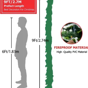 Detailed view of 9ft Christmas garland with fireproof PVC material and size comparison