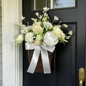 Elegant white peony and daffodil artificial flower basket for front door hanging decor