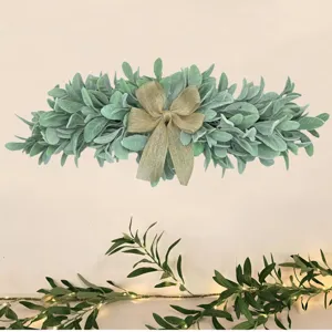 Artificial Lamb's Ear Wreath with Burlap Bow Farmhouse Style Greenery Garland for Front Door Wall Wedding Home Decor