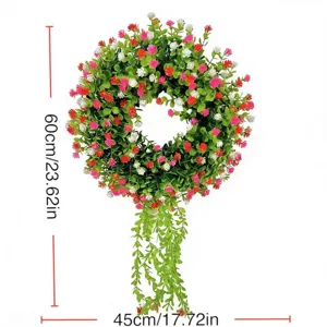Dimensions of artificial eucalyptus wreath with pink and white flowers, 60cm height.