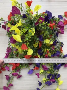 Size detail of artificial morning glory hanging basket with a measurement ruler