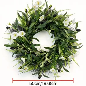 50cm artificial olive wreath with white bellflowers and black berries for door decoration