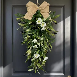Elegant artificial olive leaf and morning glory teardrop wreath with a rustic burlap bow