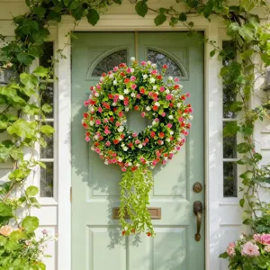 Detail of artificial eucalyptus wreath with pink flowers and hanging greenery on door.