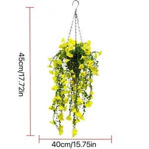 Artificial yellow morning glory flower hanging basket decor, dimensions 45cm by 40cm